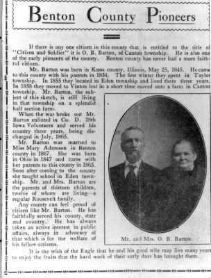 Orlo Bennezette Barton & Mary Ann Adamson Barton

This was shared by Tammy Jorgensen.

"Benton County Pioneers"
