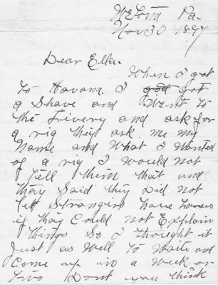 Click to view full size image
==============
Ella M. Bennett
This Letter was shared by Annette Ponto.
This Letter was Sent to Miss Ella M. Bennett, Montour Falls, New York in 1897.
The Letter is discussing a Possible Elopement.
Page 1 of Letter.
Ella M. Bennett
This Letter was shared by Annette Ponto.
This Letter was Sent to Miss Ella M. Bennett, Montour Falls, New York in 1897.
The Letter is discussing a Possible Elopement.
Page 1 of Letter.