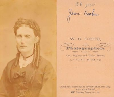Jean Cooke, 36 Years

This CdV Photograph is being Shared by Kate Flanagan.

This CdV Photograph States: "Jean Cooke, 36 Years".

The Photographers name is "W. C. Foote", Flint, Michigan.

