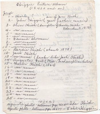 Click to view full size image
==============
Notes on Higgie Picture Album
This was Shared by Paul Skipper.
Hand written paper by Dorothy Haskell Cleveland.
Notes on Higgie Picture Album
This was Shared by Paul Skipper.
Hand written paper by Dorothy Haskell Cleveland.