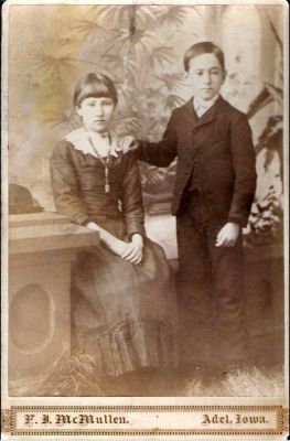 Click to view full size image
==============
Eva & Eddie
This was shared by Dennis Schildauer.
This Cabinet Card Photo States: "“Eva and Eddie” on back, would be older sister and brother of Max Hill".
Please Note: Eddie was W.E. Hill, went by Eddie, written this way on his marriage record
The Photographers name is "McMullen", Adel, Iowa.
Eva & Eddie
This was shared by Dennis Schildauer.
This Cabinet Card Photo States: "“Eva and Eddie” on back, would be older sister and brother of Max Hill".
Please Note: Eddie was W.E. Hill, went by Eddie, written this way on his marriage record
The Photographers name is "McMullen", Adel, Iowa.