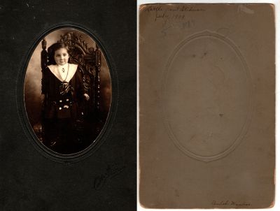 Click to view full size image
==============
Francis P. Stedman Sr.
THIS HAS BEEN RETURNED TO FAMILY
This was Donated by Cheryl Webber/The Terry Girls Genealogy.
This photo mounted on board states: "Little Paul Stedman, July 1909"
In the lower right corner on the back it states: "Beulah Wanless"
The Photographers name is "Cutberth", Oakland, California
Francis P. Stedman Sr.
THIS HAS BEEN RETURNED TO FAMILY
This was Donated by Cheryl Webber/The Terry Girls Genealogy.
This photo mounted on board states: "Little Paul Stedman, July 1909"
In the lower right corner on the back it states: "Beulah Wanless"
The Photographers name is "Cutberth", Oakland, California