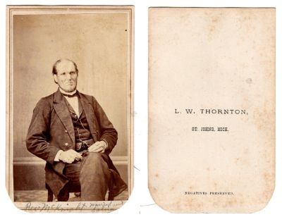 Click to view full size image
==============
Rev. McKnight
This was Donated by Cheryl Webber/The Terry Girls Genealogy.
This CdV Photograph States: "Rev. McKnight married Sylvia Arnt?"
The Photographers name is "L. W. Thornton", St. Johns, Michigan.
Rev. McKnight
This was Donated by Cheryl Webber/The Terry Girls Genealogy.
This CdV Photograph States: "Rev. McKnight married Sylvia Arnt?"
The Photographers name is "L. W. Thornton", St. Johns, Michigan.