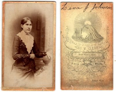 Click to view full size image
==============
Lena J. Johnson
This was Donated by Cheryl Webber/The Terry Girls Genealogy.
This CdV Photograph States: "Lena J. Johnson"
The Photographers name is "Geo. W. Clark", Ionia, Michigan
Lena J. Johnson
This was Donated by Cheryl Webber/The Terry Girls Genealogy.
This CdV Photograph States: "Lena J. Johnson"
The Photographers name is "Geo. W. Clark", Ionia, Michigan