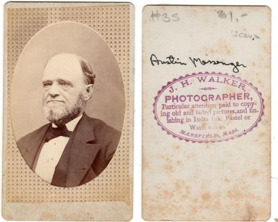 Austin Messinger

This was Donated by Cheryl Webber/The Terry Girls Genealogy.

This CdV Photograph States: "Austin Messinger"

The Photographers name is "J. H. Walker", Mansfield, Massachusetts
