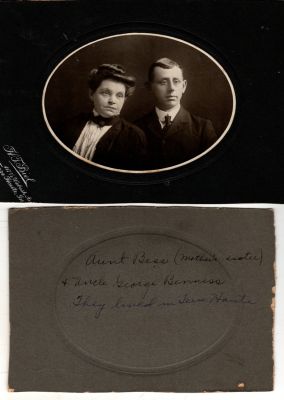 George M.  Benness & Elizabeth Jane Stucker Benness

This was Donated by Cheryl Webber/The Terry Girls Genealogy.

This photo mounted on board states: "Aunt Bess (Mother's sister) & Uncle George Benness. They lived in Terre Haute"

The Photographers name is "H. T. Biel", Terre Haute, Indiana
