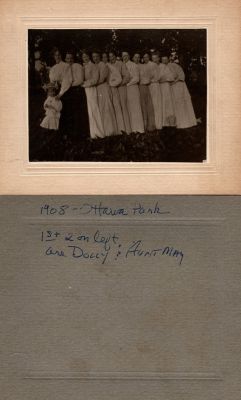Click to view full size image
==============
Daughters of Grace Picnic, Ottawa Park, 1908
This photo mounted on board states: "1908, Ottawa Park. 1st & 2nd of left, are Dolly & Aunt May"
Daughters of Grace Picnic, Ottawa Park, 1908
This photo mounted on board states: "1908, Ottawa Park. 1st & 2nd of left, are Dolly & Aunt May"