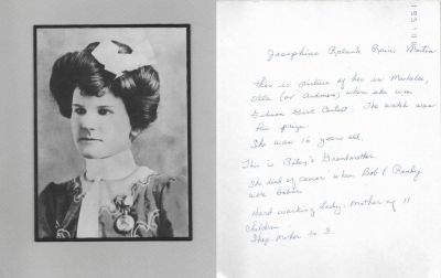 Click to view full size image
==============
Josephine Roland Rains Martin
THIS HAS BEEN RETURNED TO FAMILY
This is a Cabinet Card Photo of Josephine Roland Rains Martin.
This photo was put into a matting and at one time was framed. The information is on the back of the matted Cabinet Card.
Josephine Roland Rains Martin
THIS HAS BEEN RETURNED TO FAMILY
This is a Cabinet Card Photo of Josephine Roland Rains Martin.
This photo was put into a matting and at one time was framed. The information is on the back of the matted Cabinet Card.