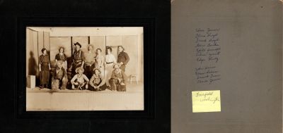 Click to view full size image
==============
Theater Play in Fairfield Washington
This was Donated by Cheryl Webber/The Terry Girls Genealogy.
This photo mounted on board states: "Edna Zenner, Flora Riegel, Frank Riegel, Glen Burke, Edith Proudfit, Adna Younot, Edgar Reilly, John Service, Elmer Schoar, Frank ___? & Charles Zenner, Fairfield, Washington
Theater Play in Fairfield Washington
This was Donated by Cheryl Webber/The Terry Girls Genealogy.
This photo mounted on board states: "Edna Zenner, Flora Riegel, Frank Riegel, Glen Burke, Edith Proudfit, Adna Younot, Edgar Reilly, John Service, Elmer Schoar, Frank ___? & Charles Zenner, Fairfield, Washington