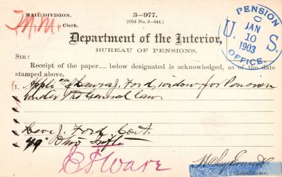 Click to view full size image
==============
Levi Jefferson Ford
THIS HAS BEEN RETURNED TO FAMILY
Pension Papers for Levi Jefferson Ford.
Levi Jefferson Ford
THIS HAS BEEN RETURNED TO FAMILY
Pension Papers for Levi Jefferson Ford.