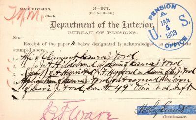 Click to view full size image
==============
Levi Jefferson Ford
THIS HAS BEEN RETURNED TO FAMILY
Pension Papers for Levi Jefferson Ford.
Levi Jefferson Ford
THIS HAS BEEN RETURNED TO FAMILY
Pension Papers for Levi Jefferson Ford.