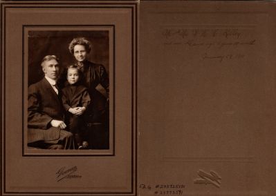 Click to view full size image
==============
William Henry Harrison Kelley
This was Donated by by Cheryl Webber/The Terry Girls Genealogy.
This photo mounted on board states: "Mr. & Mrs. W. H. H. Kelley & son, Dana age 8 years 10 months, 29 January 1911"
The Photographers name is "Gowman", Spokane, Washington
William Henry Harrison Kelley
This was Donated by by Cheryl Webber/The Terry Girls Genealogy.
This photo mounted on board states: "Mr. & Mrs. W. H. H. Kelley & son, Dana age 8 years 10 months, 29 January 1911"
The Photographers name is "Gowman", Spokane, Washington