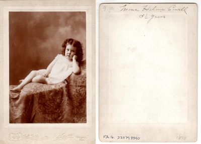 Mona Helene Cowell

This was Donated by by Cheryl Webber/The Terry Girls Genealogy.

This photo mounted on board states: "Mona Helene Cowell, 3 1/2 years"

The Photographers name is "Heyn", Omaha, Nebraska.

