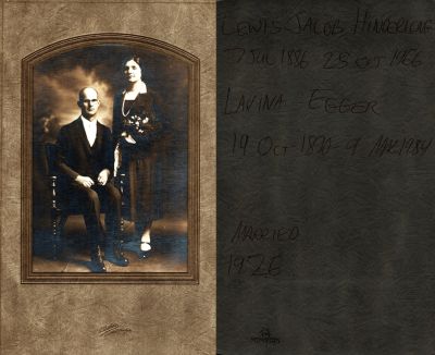 Click to view full size image
==============
Lewis Jacob Hinderlong & Lavina Egger Hinderlong
This was Donated by Arlo Turner
This photo states: "Lewis Jacob Hinderlong, 7 July 1886 - 25 October 1966. Lavina Egger, 19 October 1890 - 9 March 1984. Married 1926"
The Photographers name is "Baker" Barnesville
Lewis Jacob Hinderlong & Lavina Egger Hinderlong
This was Donated by Arlo Turner
This photo states: "Lewis Jacob Hinderlong, 7 July 1886 - 25 October 1966. Lavina Egger, 19 October 1890 - 9 March 1984. Married 1926"
The Photographers name is "Baker" Barnesville