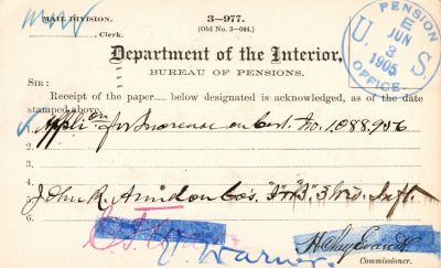 Click to view full size image
==============
John Rickert Amidon
THIS HAS BEEN RETURNED TO FAMILY
Pension Papers for John Rickert Amidon.
John Rickert Amidon
THIS HAS BEEN RETURNED TO FAMILY
Pension Papers for John Rickert Amidon.