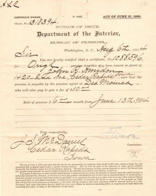 Click to view full size image
==============
John Rickert Amidon
THIS HAS BEEN RETURNED TO FAMILY
Pension Papers for John Rickert Amidon.
John Rickert Amidon
THIS HAS BEEN RETURNED TO FAMILY
Pension Papers for John Rickert Amidon.