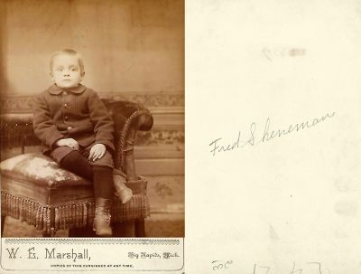 Click to view full size image
==============
Fred Earl Sheneman
THIS HAS BEEN RETURNED TO FAMILY
This Cabinet Card Photo States: "Fred Sheneman"
The Photographers name is "W. E. Marshall", Big Rapids, Michigan.
Fred Earl Sheneman
THIS HAS BEEN RETURNED TO FAMILY
This Cabinet Card Photo States: "Fred Sheneman"
The Photographers name is "W. E. Marshall", Big Rapids, Michigan.