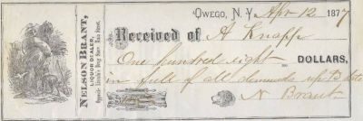 Nelson Brant, Liquor Dealer, Oswego, New York

THIS ITEM HAS BEEN RETURNED TO FAMILY

This is for Nelson Brant, Liquor Dealer in Oswego, New York, USA. The Date of the Receipt is for 12 April 1877.

Nelson Brant's place of business was opposite Lincoln's Drug Store on Main Street.
