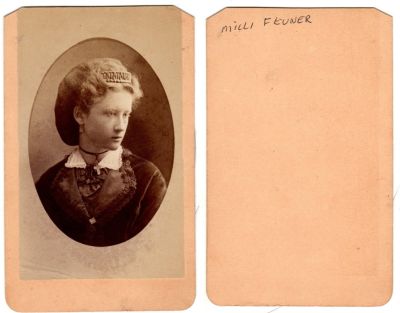 Click to view full size image
==============
Milli Feuner
This was Donated by Cheryl Webber/The Terry Girls Genealogy.
This CdV Photograph states: "Milli Feuner"
Milli Feuner
This was Donated by Cheryl Webber/The Terry Girls Genealogy.
This CdV Photograph states: "Milli Feuner"