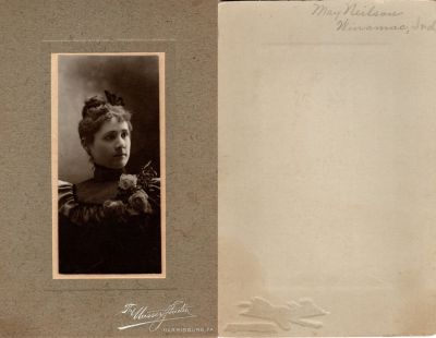 Click to view full size image
==============
Effie May Neilson
This photo mounted on board states: "May Neilson, Winamac, Indiana"
The Photographers name is "The Musser Studio, Harrisburg, Pennsylvania
Effie May Neilson
This photo mounted on board states: "May Neilson, Winamac, Indiana"
The Photographers name is "The Musser Studio, Harrisburg, Pennsylvania