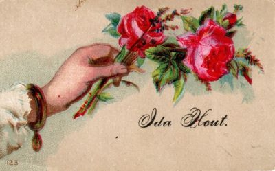 Ida Hout

THIS HAS BEEN DONATED TO THE SPECIAL COLLECTIONS DEPARTMENT OF THE UNIVERSITY OF WASHINGTON

This was Donated by by Cheryl Webber/The Terry Girls Genealogy

This Victorian Calling Card states: "Ida Hout"
