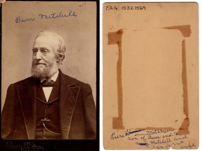 Burr Mitchell

This was Donated by by Cheryl Webber/The Terry Girls Genealogy.

This Cabinet Card Photo states (Front): "Burr Mitchell", (Back): "Pierce Mitchell, son of Burr & his first wife"

The Photographers name is "Perry & Son", Battle Creek, Michigan
