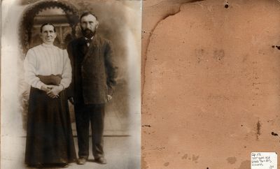 Click to view full size image
==============
Mr. & Mrs. Wesner
This large photo mounted on board states: "Sp. 22, 100+ years old, photo of Mr. & Mrs. Wesner"
NOTE: There appears to be very very faint writing on the back of the photo mounted on board. However; I was unable to read it.
Mr. & Mrs. Wesner
This large photo mounted on board states: "Sp. 22, 100+ years old, photo of Mr. & Mrs. Wesner"
NOTE: There appears to be very very faint writing on the back of the photo mounted on board. However; I was unable to read it.