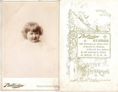 Ruth Virginia Buckley

THIS HAS BEEN RETURNED TO FAMILY

This was Donated by by Cheryl Webber/The Terry Girls Genealogy.

This Cabinet Card Photo States: "Ruth Virginia Buckley, at 14 months"

Photo taken in 1891

The Photographers name is "Partridge Studios". Locations in Boston, Brookline, Roxbury & Allston.
