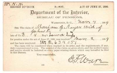 Click to view full size image
==============
John F. Royer Civil War Document
This was Donated by Mary Muhlfeld
Civil War Document for John F. Royer
John F. Royer Civil War Document
This was Donated by Mary Muhlfeld
Civil War Document for John F. Royer