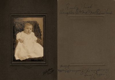 Ruby W. West

This was Donated by by Cheryl Webber/The Terry Girls Genealogy.

This photo mounted on board states: "Ruby West, daughter of Ruben & Martha West"
