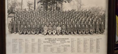 Battery A, 6th Antiaircraft Training Battalion, Fort Eustis, Virginia, December 1943

THIS WAS SHARED BY CLARA COFFEY JOHNSTON

This is a photo of Battery A, 6th Antiaircraft Training Battalion, Fort Eustis, Virginia, December 1943. 

