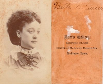Click to view full size image
==============
Belle Lorimer
This CdV Photograph states: "Belle Lorimer"
The Photographers name is "Roots Gallery", Dubuque, Ohio.
Belle Lorimer
This CdV Photograph states: "Belle Lorimer"
The Photographers name is "Roots Gallery", Dubuque, Ohio.