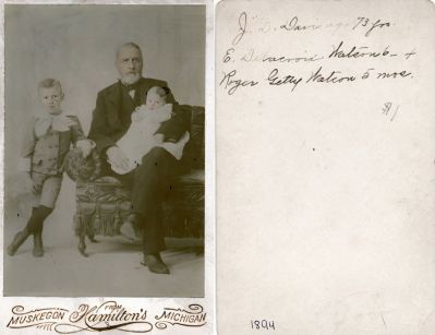 J. D. Davis, Edwin Delacroix Watson & Roger Getty Watson

This was Donated

This Cabinet Card Photo states: "J. D. Davis, 73 years, E. Delacroix Watson, 6 years, 4 months & Roger Getty Watson, 5 months"

The Photographers name is "Hamilton's", Muskegon, Michigan

NOTE: This Cabinet Card Photo is very faint. I have enhanced the photo for this posting.
