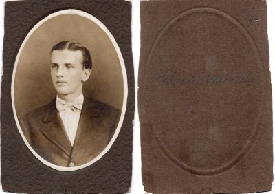 Click to view full size image
==============
Charlie McCartney
This was Donated
This cut photo mounted on board states: "Charley McCartney"
The Photographers appears to have been in Pittsburg, Pennsylvania.
Charlie McCartney
This was Donated
This cut photo mounted on board states: "Charley McCartney"
The Photographers appears to have been in Pittsburg, Pennsylvania.
