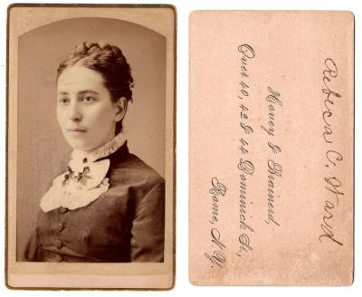 Rebecca E. Cogswell Ward

This CdV Photograph states: "Rebeca C. Ward"

The Photographers name is "Brainerd", Rome, New York

NOTE: I believe that these Find a Graves are the correct Rebecca C. Ward. They are both in Oneida County. One is a grave with her husband's name and the names of all 3 wives. Rebecca's name does not have a death date which leads me to believe that she decided to be buried elsewhere. The second grave is probably where she is actually buried.

