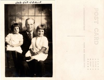 Click to view full size image
==============
Dick Benjamin Quick & Unidentified
THIS HAS BEEN RETURNED TO FAMILY
This was Donated by Cheryl Webber/The Terry Girls Genealogy.
This Real Photo Postcard (RPPC) states: "Uncle Dick, D. B. Quick"
Dick Benjamin Quick & Unidentified
THIS HAS BEEN RETURNED TO FAMILY
This was Donated by Cheryl Webber/The Terry Girls Genealogy.
This Real Photo Postcard (RPPC) states: "Uncle Dick, D. B. Quick"