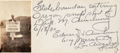 Click to view full size image
==============
Dick M. Amelung
THIS HAS BEEN RETURNED TO FAMILY
This Photo states: "State boundary entering Oregon. Snap Shot of Dick M. Amelung 18 June 1930.
To See more of the description See the Back.
Dick M. Amelung
THIS HAS BEEN RETURNED TO FAMILY
This Photo states: "State boundary entering Oregon. Snap Shot of Dick M. Amelung 18 June 1930.
To See more of the description See the Back.