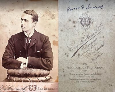George Frederick Tendall

THIS HAS BEEN RETURNED TO FAMILY

This Cabinet Card Photo States: "George F. Tendall"

The Photographers name is "Henry Wayland & Co.", Blackhealth & at Streatham, London, England.
