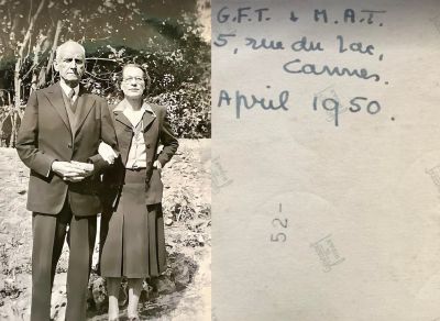 Click to view full size image
==============
George Frederick Tendall & Maisey A. Mackey Tendall
THIS HAS BEEN RETURNED TO FAMILY
This Photo States: "G. F. T. & M. A. T., But they lived at 5, Rue du Lac (Lake Street) Cannes, France. April 1950.
This is a photo of George Frederick Tendall & his second wife, Maisey A. Mackay Tendall.
Transcribed by Tenna Weber Olsson
George Frederick Tendall & Maisey A. Mackey Tendall
THIS HAS BEEN RETURNED TO FAMILY
This Photo States: "G. F. T. & M. A. T., But they lived at 5, Rue du Lac (Lake Street) Cannes, France. April 1950.
This is a photo of George Frederick Tendall & his second wife, Maisey A. Mackay Tendall.
Transcribed by Tenna Weber Olsson