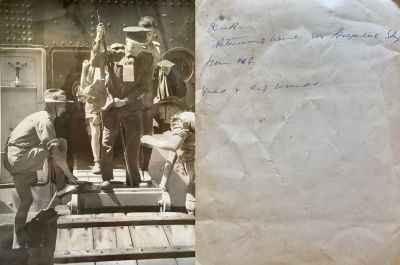 Click to view full size image
==============
Dick
THIS HAS BEEN RETURNED TO FAMILY
This Photo States: "Dick returning home on Hospital ship from ___?. Head & leg wounds?"
Dick
THIS HAS BEEN RETURNED TO FAMILY
This Photo States: "Dick returning home on Hospital ship from ___?. Head & leg wounds?"