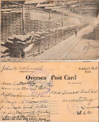 Click to view full size image
==============
Pvt. John Kevin McDonald
THIS HAS BEEN RETURNED TO FAMILY
This is a Postcard Addressed to "Mrs. Teresa Fuller", Armstrong, Iowa.
Pvt. John Kevin McDonald
THIS HAS BEEN RETURNED TO FAMILY
This is a Postcard Addressed to "Mrs. Teresa Fuller", Armstrong, Iowa.