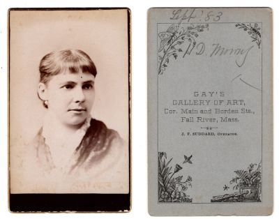 Click to view full size image
==============
Hannah D. Mowry
This CdV Photograph states: "H. D. Mowry"
The Photographers name is "Gay's Gallery of Art", Fall River, Massachusetts
Hannah D. Mowry
This CdV Photograph states: "H. D. Mowry"
The Photographers name is "Gay's Gallery of Art", Fall River, Massachusetts