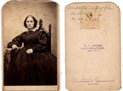 Click to view full size image
==============
Amanda Bushnell
This CdV Photograph states: "Amanda, wife of John Bushnell, age 64 in 1860"
The Photographers name is "M. N. Crocker", Perry, New York.
Amanda Bushnell
This CdV Photograph states: "Amanda, wife of John Bushnell, age 64 in 1860"
The Photographers name is "M. N. Crocker", Perry, New York.