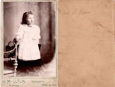 Click to view full size image
==============
Mrs. O. Kram
This Cabinet Card Photo states: "Mrs. O. Kram"
The Photographers name is "H. M. Olson", Perry, North Dakota
Mrs. O. Kram
This Cabinet Card Photo states: "Mrs. O. Kram"
The Photographers name is "H. M. Olson", Perry, North Dakota