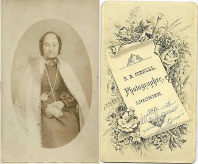 Click to view full size image
==============
Caroline E. Nesbit McConnell
THIS HAS BEEN RETURNED TO FAMILY
This CdV Photograph states: "Grandmother McConnell, Grandma Faver's mother"
The Photographers name is " H. R. Cornell", Ligonier, Indiana
Caroline E. Nesbit McConnell
THIS HAS BEEN RETURNED TO FAMILY
This CdV Photograph states: "Grandmother McConnell, Grandma Faver's mother"
The Photographers name is " H. R. Cornell", Ligonier, Indiana