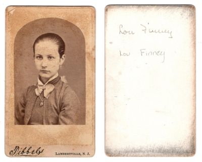 Click to view full size image
==============
Lou Finney
This CdV Photograph states: "Lou Finney"
The Photographers name is "Tibbels", Lambertville, New Jersey
Lou Finney
This CdV Photograph states: "Lou Finney"
The Photographers name is "Tibbels", Lambertville, New Jersey