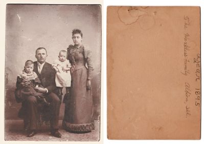 Click to view full size image
==============
The Harkless Family, 1895
This cut photo mounted on board states: "The Harkless Family, Albion, Illinois, Year 1895"
The Harkless Family, 1895
This cut photo mounted on board states: "The Harkless Family, Albion, Illinois, Year 1895"