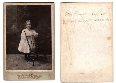 Click to view full size image
==============
Etta Louise Stafford
This was Donated by Sue Maurer
This Cabinet Card Photo states: "Etta Louise Stafford, 3 years old, 20th November 1898"
The Photographers name is "The Shepard Company", Providence, Rhode Island
Etta Louise Stafford
This was Donated by Sue Maurer
This Cabinet Card Photo states: "Etta Louise Stafford, 3 years old, 20th November 1898"
The Photographers name is "The Shepard Company", Providence, Rhode Island
