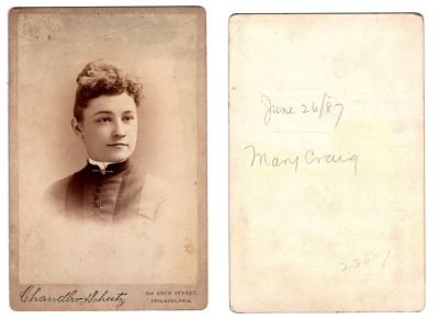 Click to view full size image
==============
Mary Ann Groves Craig
This was Donated by Sue Maurer
This Cabinet Card Photo states: "Mary Craig, 26 June 1887"
The Photographers name is "Chandler & Scheetz", Philadelphia, Pennsylvania
Mary Ann Groves Craig
This was Donated by Sue Maurer
This Cabinet Card Photo states: "Mary Craig, 26 June 1887"
The Photographers name is "Chandler & Scheetz", Philadelphia, Pennsylvania
