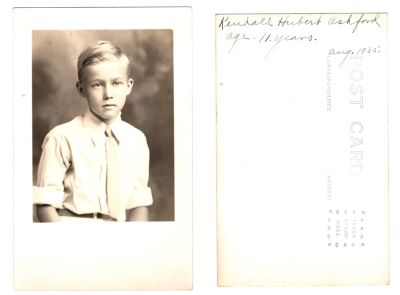 Click to view full size image
==============
Kendall Hubert Ashford
This Real Photo Postcard (RPPC) states: "Kendall Hubert Ashford, age 11 years, August 1935"
Kendall Hubert Ashford
This Real Photo Postcard (RPPC) states: "Kendall Hubert Ashford, age 11 years, August 1935"